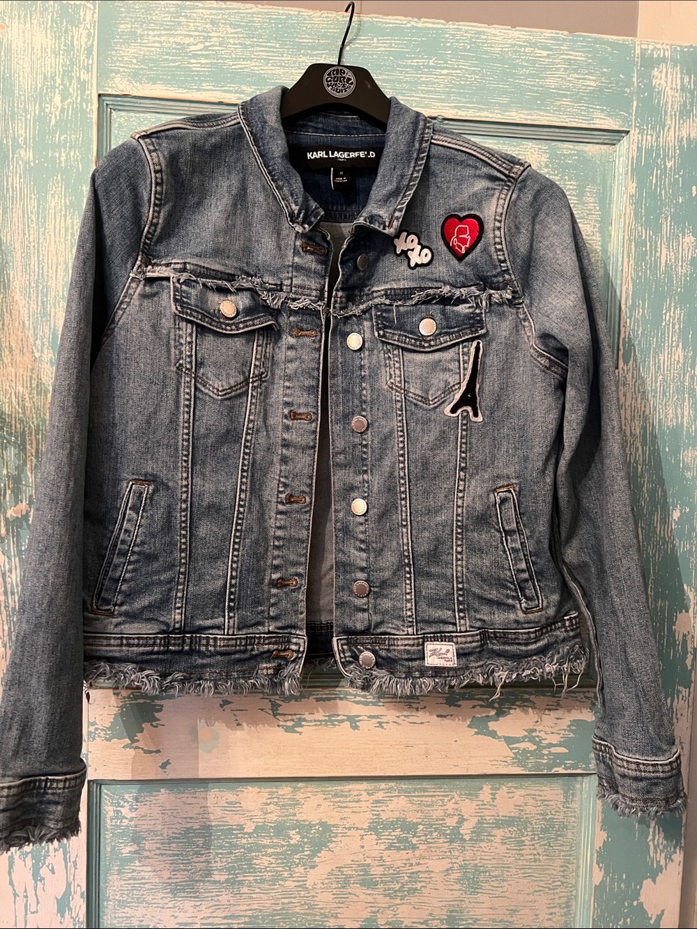 Vintage Karl Lagerfeld Paris Medium Blue Denim Jacket w Red Heart Black Eiffel